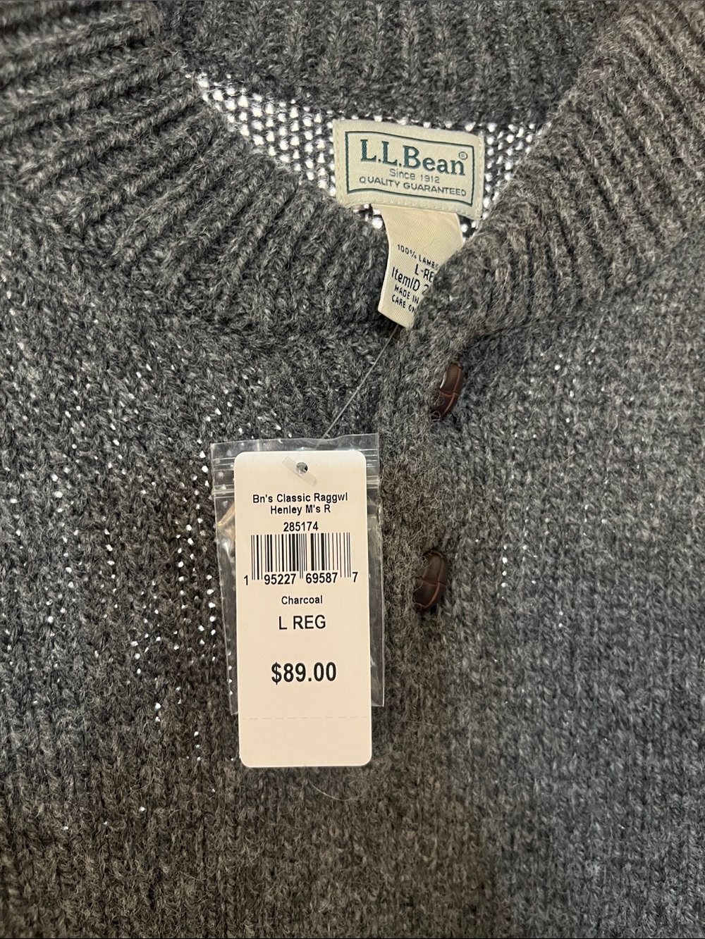 L.L. Bean Men's Charcoal Crewneck Lambswool  Sweater - Picture 2 of 7